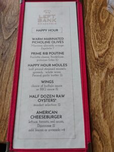 Happy hour menu at Left Bank